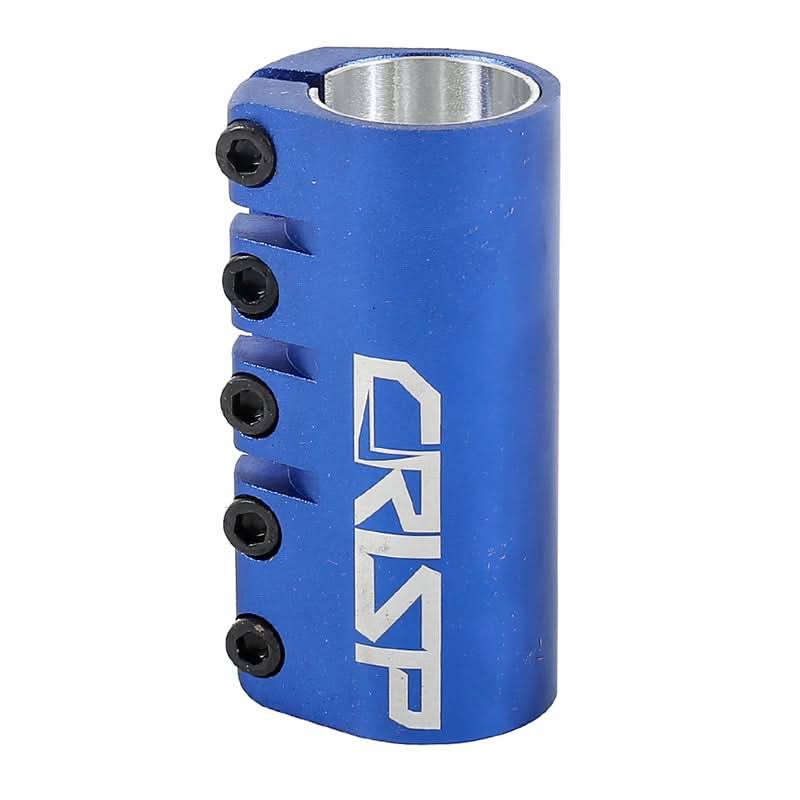 Crisp SCS 5-Bolt Clamp for Scooters, featuring a sturdy blue metal tube design with black screws, designed to secure longer scooter bars with enhanced durability and reduced bending or breaking.
