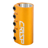 Close-up of a metal Crisp SCS 5-Bolt Clamp for Scooters, showcasing its sturdy cylindrical design and top cap, ideal for securing longer bars and preventing bending or breaking.