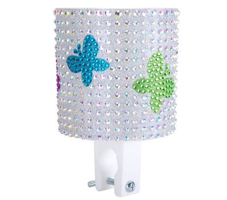 Cruiser Candy Rhinestone Cup Holder for Bikes & Scooters, featuring a close-up of a silver and blue holder adorned with rhinestones, designed for mounting on handlebars for easy beverage access.