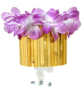 Cruiser Candy Tiki Cute Cup Holder featuring a bamboo siding and a floral lei, mounted on a bike handlebar, adding vibrant flair and functionality for holding cups during rides.