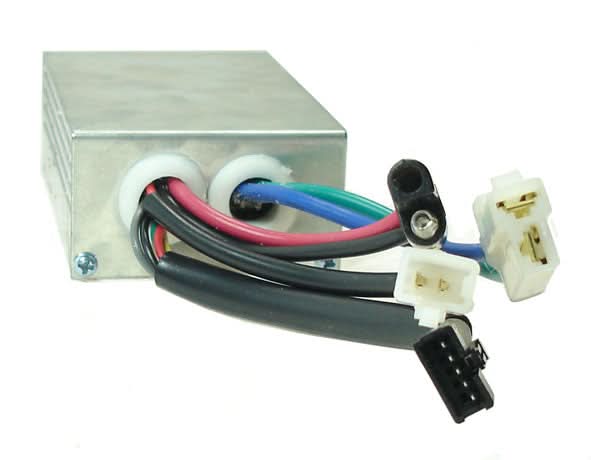 Close-up of Currie 36 Volt 25A 5-Pin Controller for 750 & 1000 Series Schwinn, GT, IZIP, eZip, & Mongoose Scooters, showing multiple colored wires and connectors for easy installation.