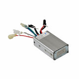 Currie 36 Volt 6-Pin Controller for electric scooters, featuring a silver box with multiple connected wires and tagged connectors, designed for easy installation in compatible scooter models.