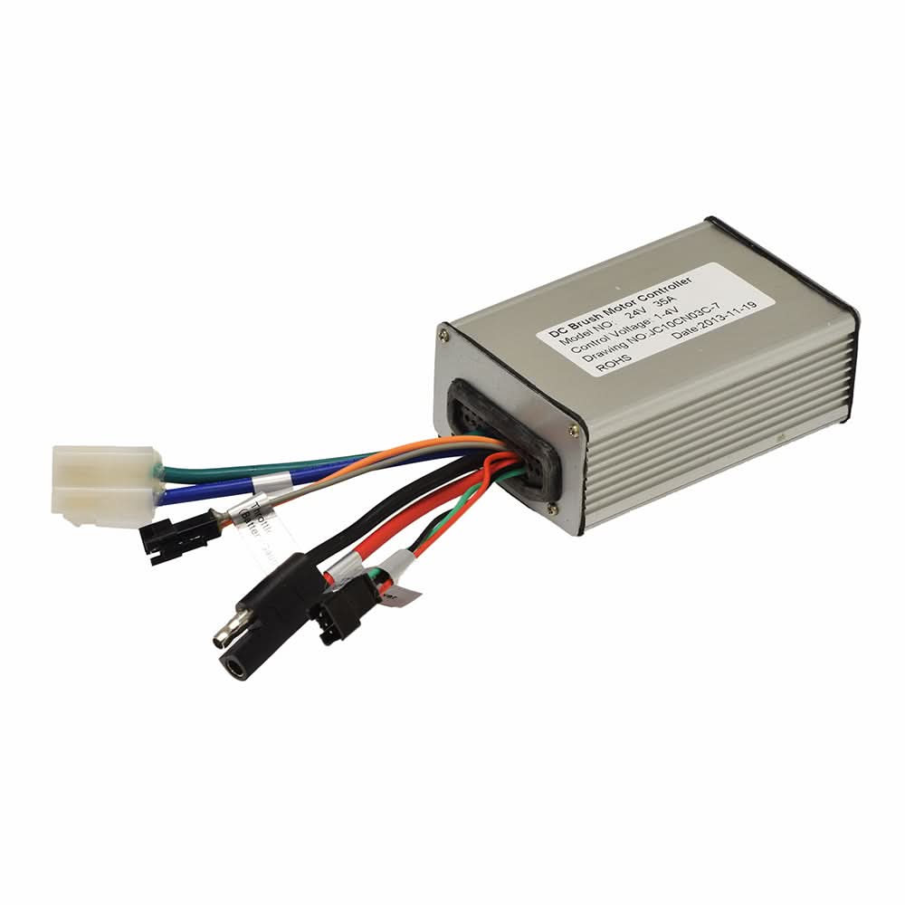 Currie 24 Volt 35A Controller for the Electric Bike Conversion Kit, featuring multiple connected wires and a 3+2 pin connector with TAG jumper, designed for Currie Electro-Drive Electric Bike.