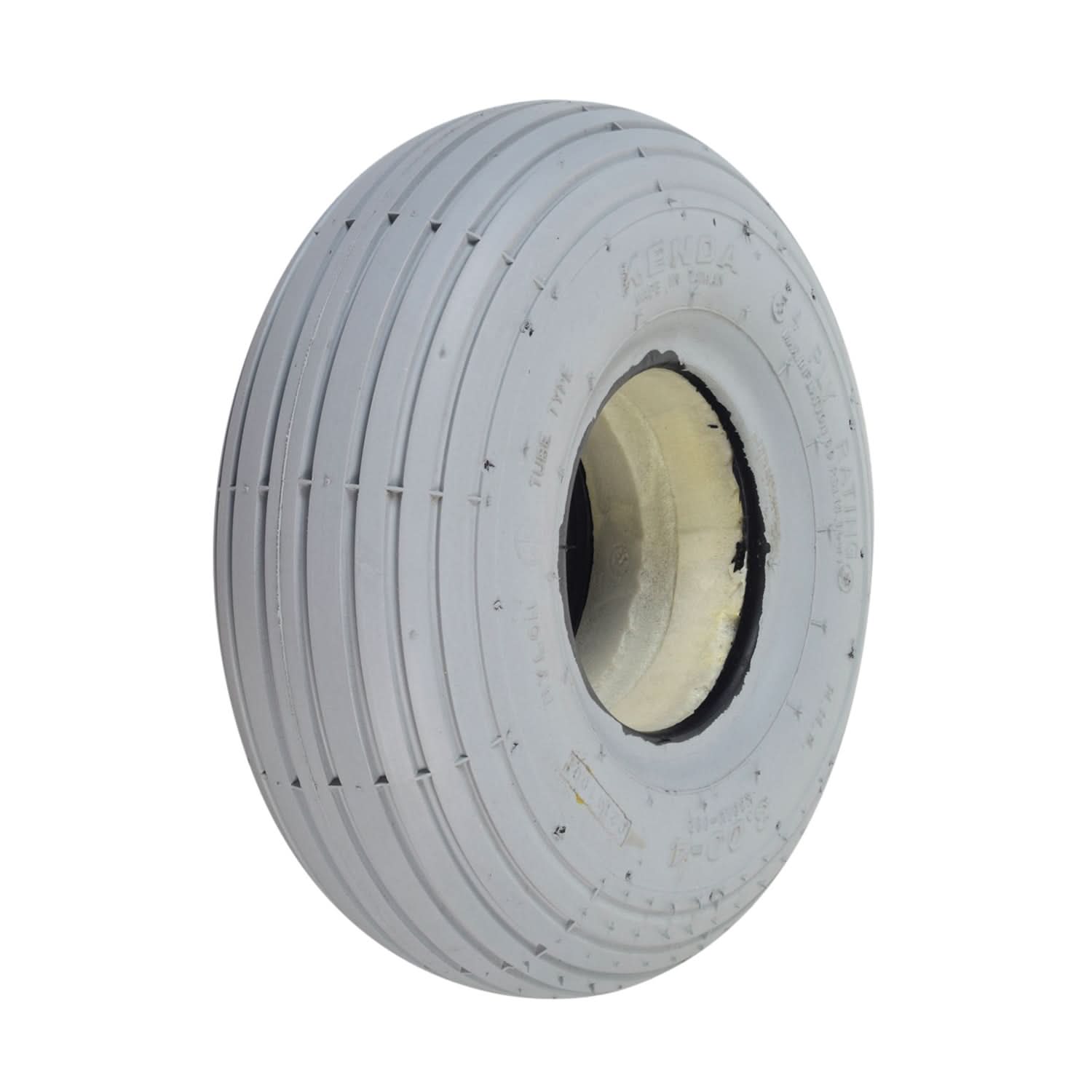 3.00-4 (10x3, 260X85) Foam-Filled Mobility Tire with K301 Ribbed Tread, showing a white circular wheel with a central hole and ribbed pattern, designed for mobility scooters and power chairs.