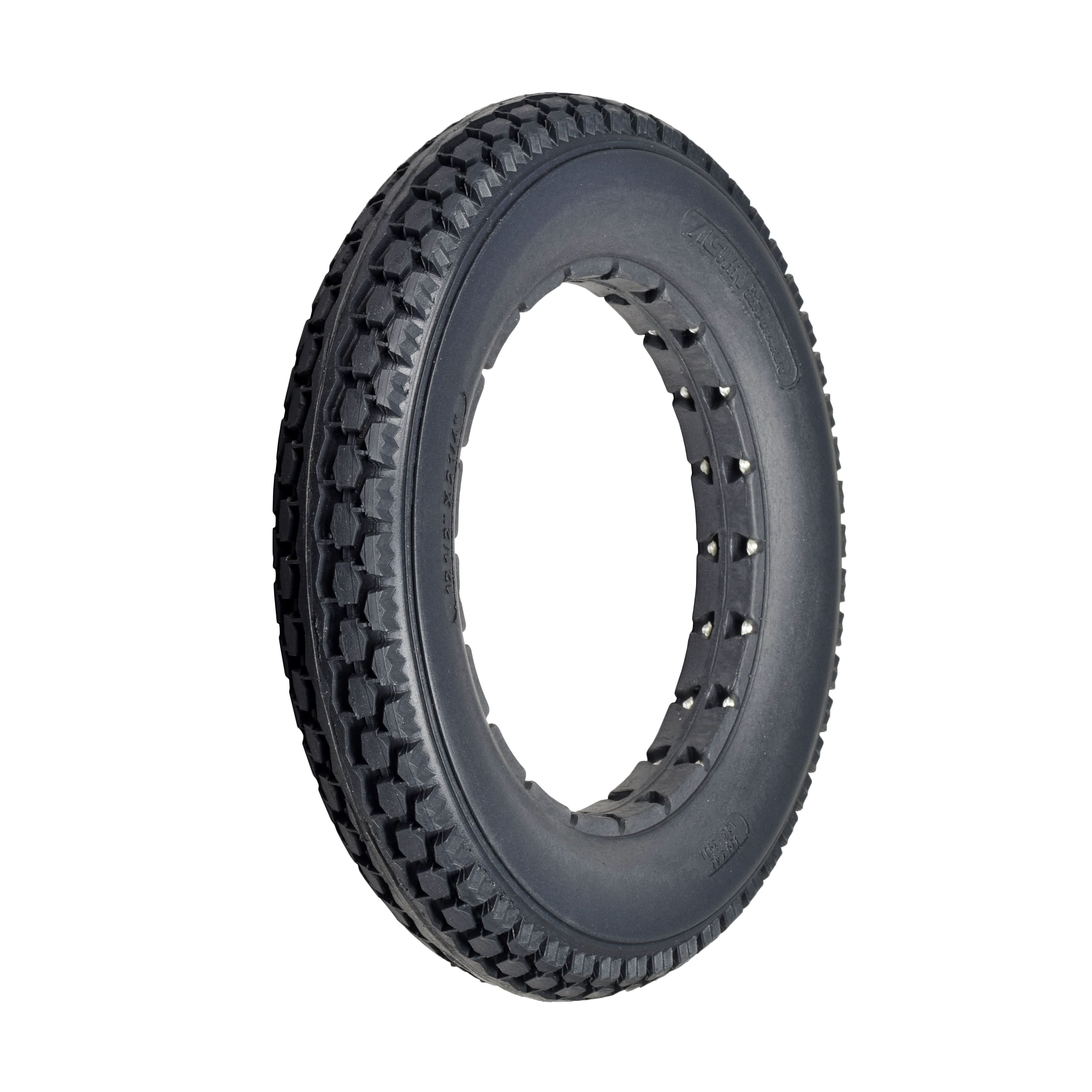 12-1/2x2-1/4 Dark Gray Solid Urethane Mobility Tire with Knobby Tread, showcasing close-up detail of tread pattern. Suitable for indoor and outdoor use, it's a flat-free, latex-free design.