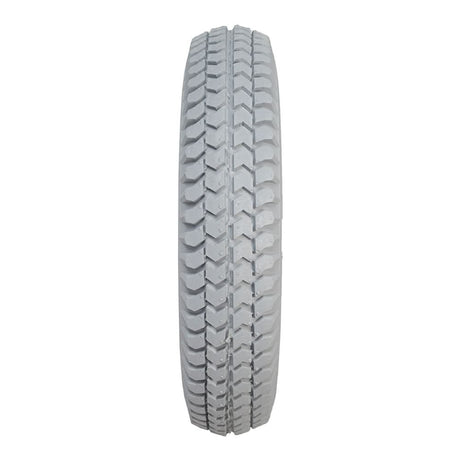 Close-up of the 14x3 (3.00-8) Light Gray Solid Urethane Mobility Tire with Knobby Tread, designed for Quickie power chairs, showcasing its durable synthetic rubber and detailed tread pattern.