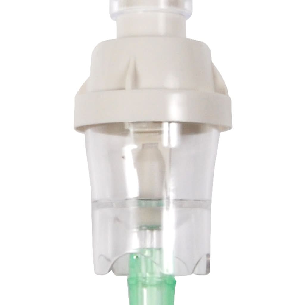 Close-up of the Drive Medical Reusable Nebulizer Kit (Pack of 10) featuring a light bulb-shaped nebulizer with a secure seal and anti-spill T design, highlighting the device's intricate details.