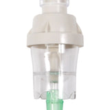 Close-up of the Drive Medical Reusable Nebulizer Kit (Pack of 10) featuring a light bulb-shaped nebulizer with a secure seal and anti-spill T design, highlighting the device's intricate details.