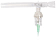 Drive Medical Reusable Nebulizer Kit (Pack of 10), shown with close-up on plastic tubing and mouthpiece, featuring anti-spill T design and secure 1/4 turn assembly for upright or angled use.