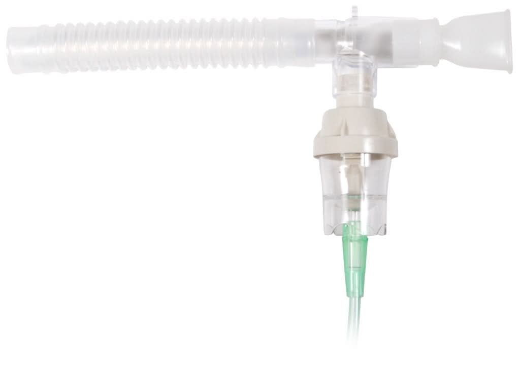 Drive Medical Reusable Nebulizer Kit (Pack of 10), shown with close-up on plastic tubing and mouthpiece, featuring anti-spill T design and secure 1/4 turn assembly for upright or angled use.