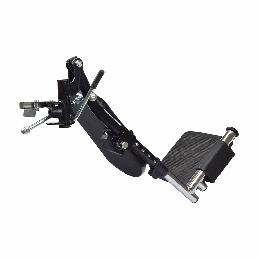 Swing-Away Elevating Legrests for Drive Medical Wheelchairs, featuring durable black footplates and silver chrome extension, designed for enhanced comfort and mobility in various Drive Medical wheelchair models.