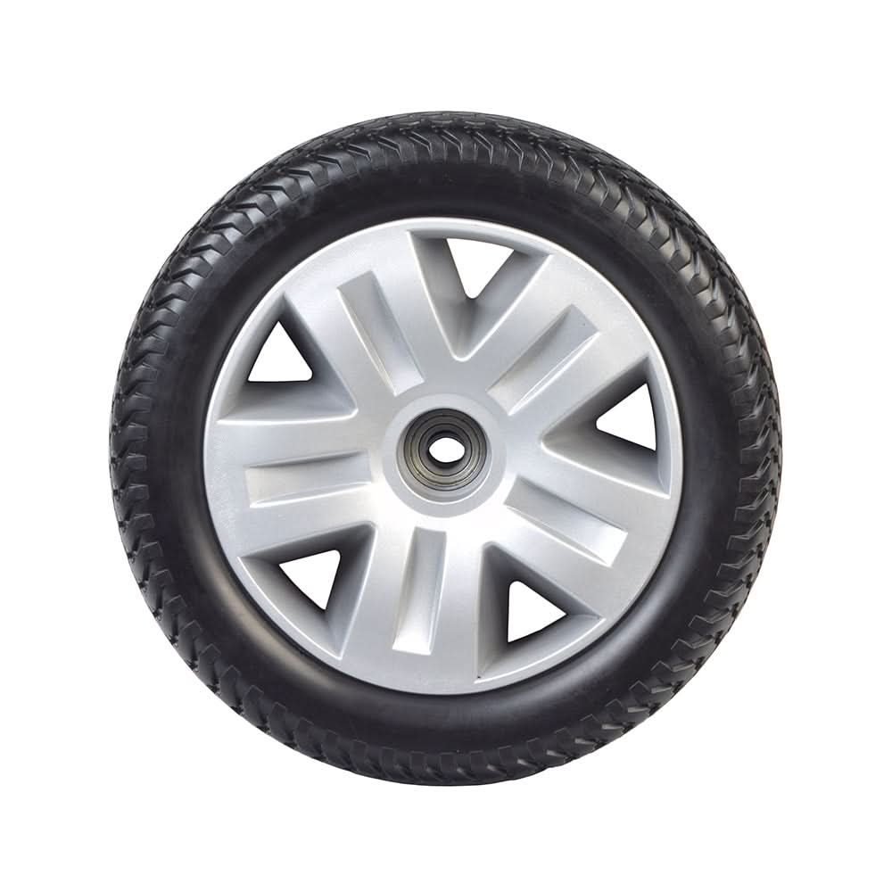 3.00-4 (10x3, 260x85) Flat-Free Front Wheel Assembly for the Drive Ventura 4-Wheel Scooter, featuring a close-up of a tire with a silver rim, designed for reliable, worry-free performance.