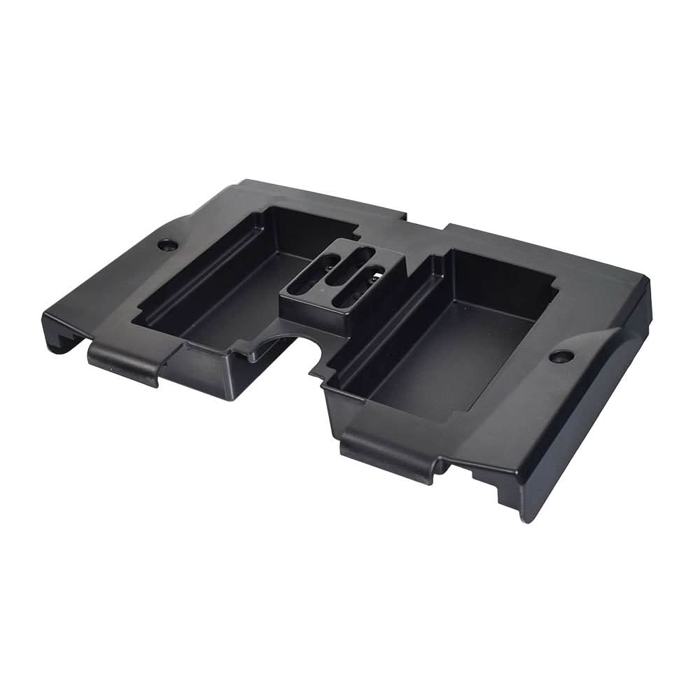 Battery Box Holder Shroud for Drive Medical Spitfire Scout & Scout DST Mobility Scooters, featuring a black plastic tray with holes, designed to house the battery box with a quick-release connection.
