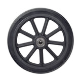 6 Wheel for the Medline Steel Rollator Walker featuring a black, 9-spoke rim with solid, flat-free tire and pre-installed bearings, suitable for front or rear use.