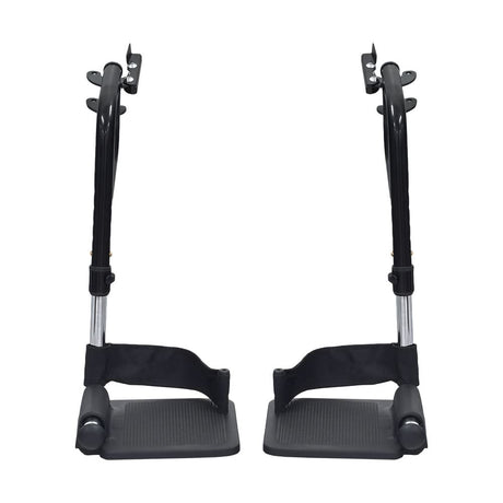 Swing-Away Footrest & Leg Rest Assembly for Wheelchairs (Set of 2) featuring black metal legs, height-adjustable tubes with push-in ball detent holes, and removable heel loops.