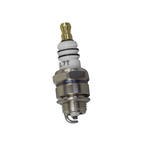 Close-up of a spark plug for 2-stroke engines, showcasing its metallic body and threaded end, highlighting its use in 36cc, 43cc, and 49cc gas scooters.