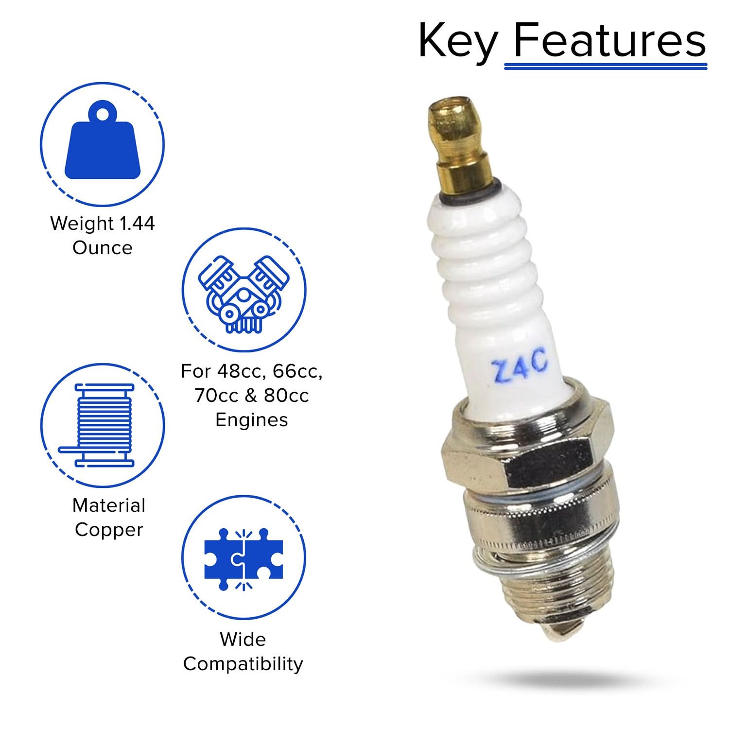 Close-up of the Z4C Spark Plug for 80cc 2-Stroke Bicycle Engine Kits, showcasing its metallic structure and threading, designed to fit small gas engines in various displacement ranges.