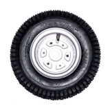 Razor Dirt Quad Rear Wheel Assembly (Versions 1 - 18), showcasing a black tire with a silver rim, designed for durability and compatibility with specified Razor Dirt Quad models.