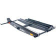 Double Scooter Carrier with Ramp, a sturdy black metal hitch accessory, designed to fit class III or IV hitches, featuring adjustable rails, anti-tilt lock, and retractable tie-down bars.