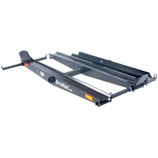 Double Scooter Carrier with Ramp, a sturdy black metal hitch accessory, designed to fit class III or IV hitches, featuring adjustable rails, anti-tilt lock, and retractable tie-down bars.