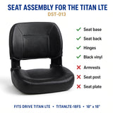 Drive Medical Titan LTE seat assembly DST-013 infographic: includes seat base, seat back, hinges and black vinyl; armrests, seat post and seat plate not included