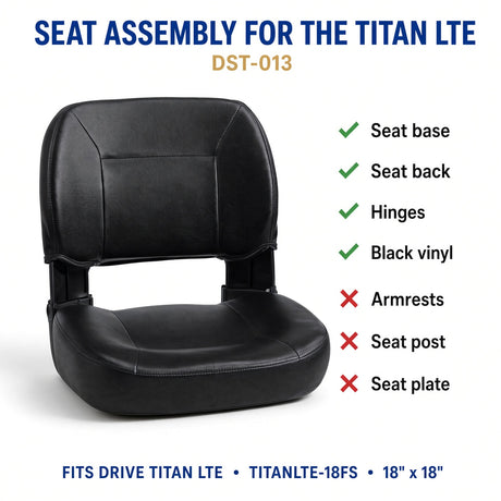 Drive Medical Titan LTE seat assembly DST-013 infographic: includes seat base, seat back, hinges and black vinyl; armrests, seat post and seat plate not included