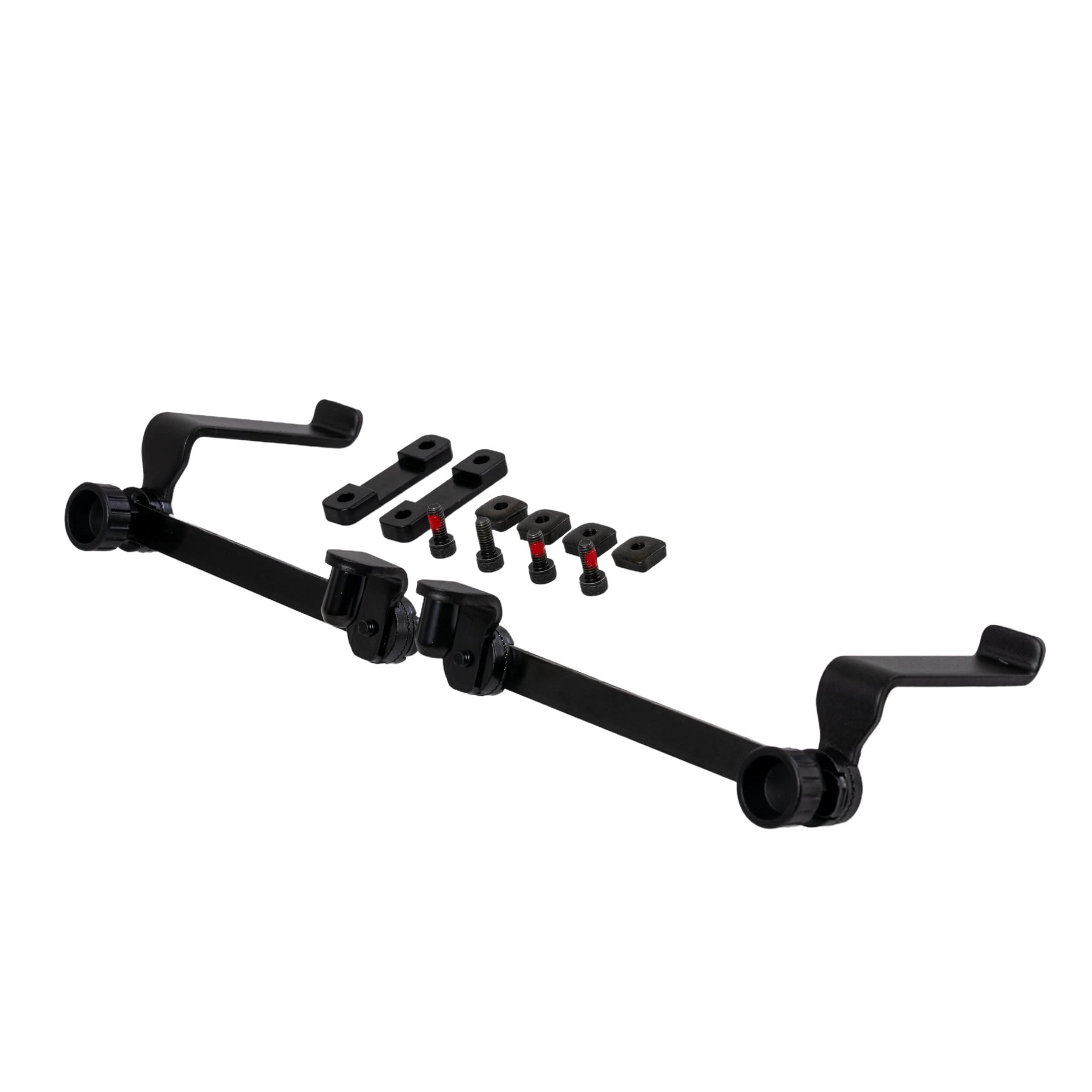 Lap Tray for the Quantum Q6 Edge, featuring durable poly-urethane material, adjustable connecting arms, mounting brackets, spacers, and screws. Ideal for enhanced space and usability on your mobility device.