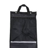 Universal Oxygen Tank and Crutch Holder for Mobility Scooter and Power Chairs, featuring a black bag with silver trim, adjustable straps, and multiple compartments for secure and convenient storage of essential mobility items.