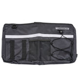 Super Deluxe Universal Walker & Rollator Bag with a white stripe, featuring three exterior pockets, large central pocket, internal pouches, and a bungee cord net for bulky items.