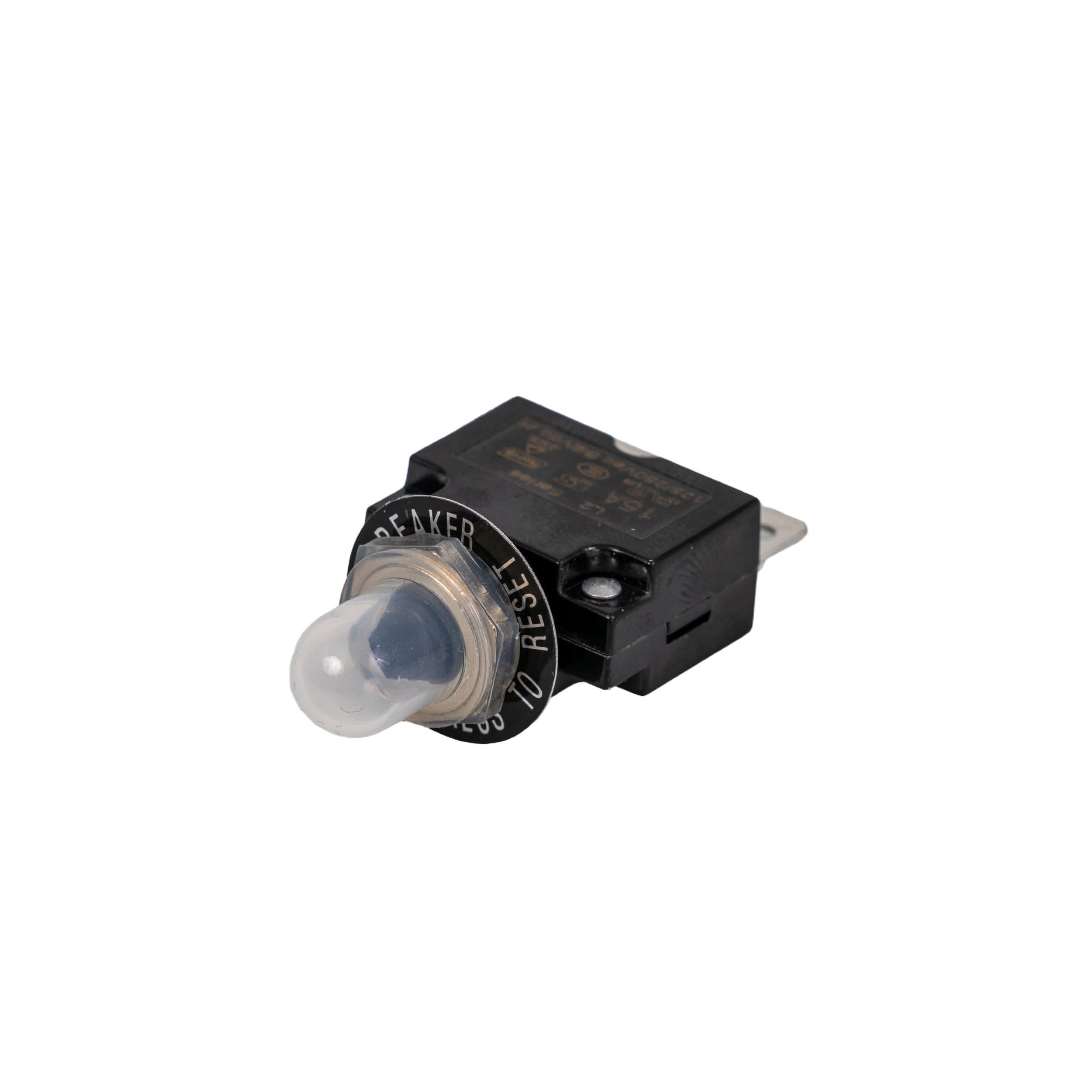 15 Amp (15A) 32VDC 125/250VAC Push-Button Reset Circuit Breaker with 1/4 Tab Terminals, featuring a compact black switch and light bulb, suitable for electric scooters and other battery-powered vehicles.