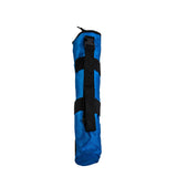 Universal Cane Holder for Mobility Scooters & Power Chairs attached to a backrest with an adjustable strap, featuring a durable ripstop fabric pouch for securely carrying canes.