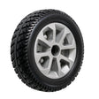 3.00-4 (10x3) Black Flat Free Drive Wheel for the Golden Compass Sport (GP605SS/GP605CC) Power Chair, featuring a black solid tire with a silver rim, suitable for models post-2011.