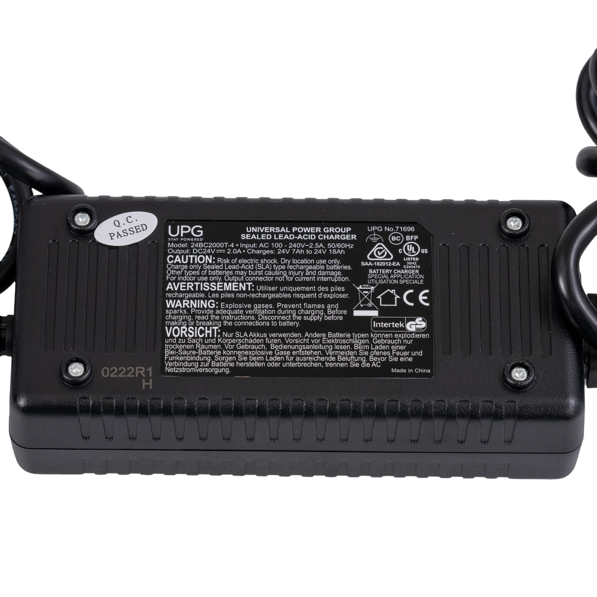 24 Volt 2.0 Amp XLR Battery Charger for Drive Medical Scout DST 3 & Scout DST 4 Mobility Scooters, showing a black power supply with wires, XLR connector, and white label.