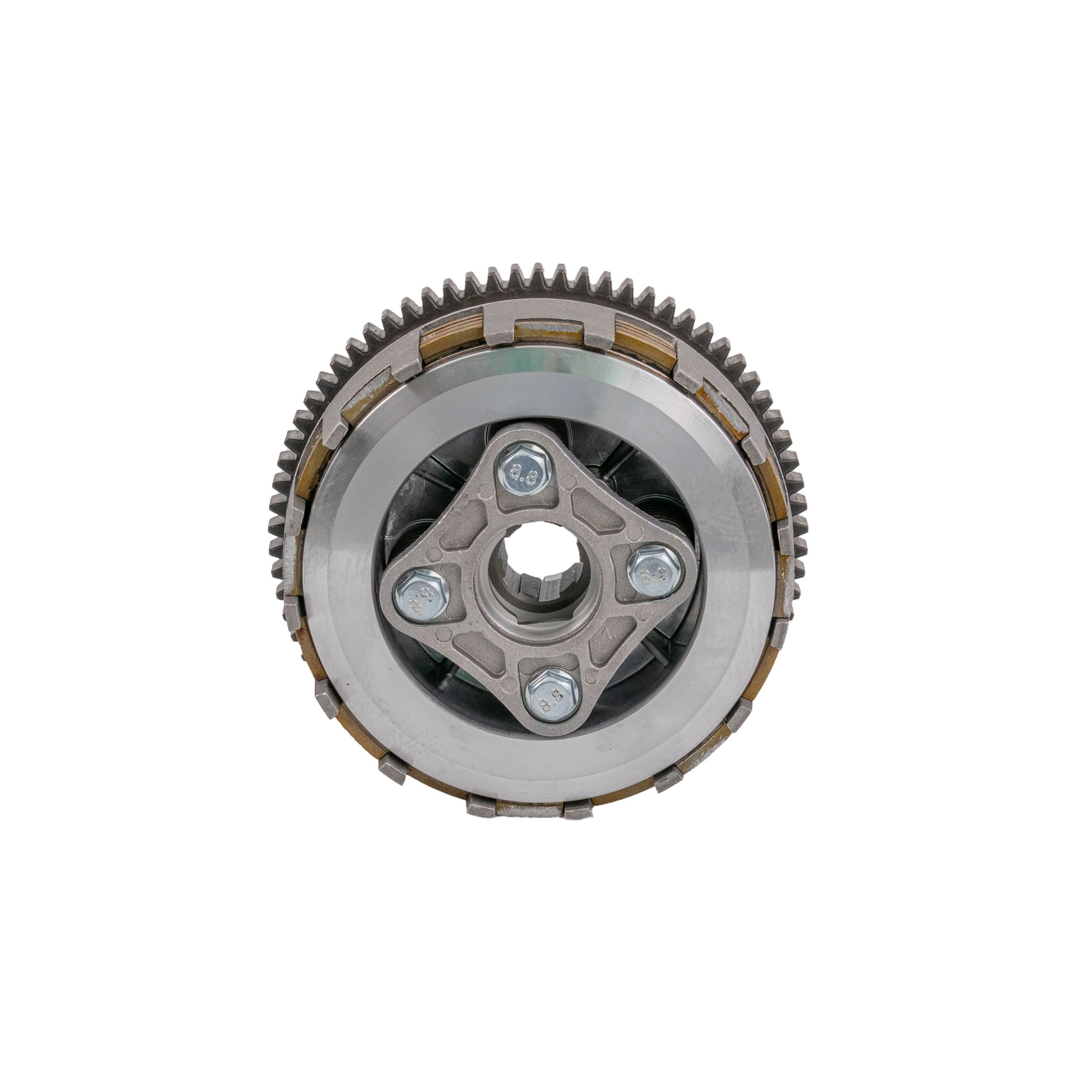 Close-up of a Clutch Assembly with 5 Plates for 110cc, 125cc, 150cc, & 200cc ATVs & Dirt Bikes, showing a metal gear with a central nut and multiple screws.