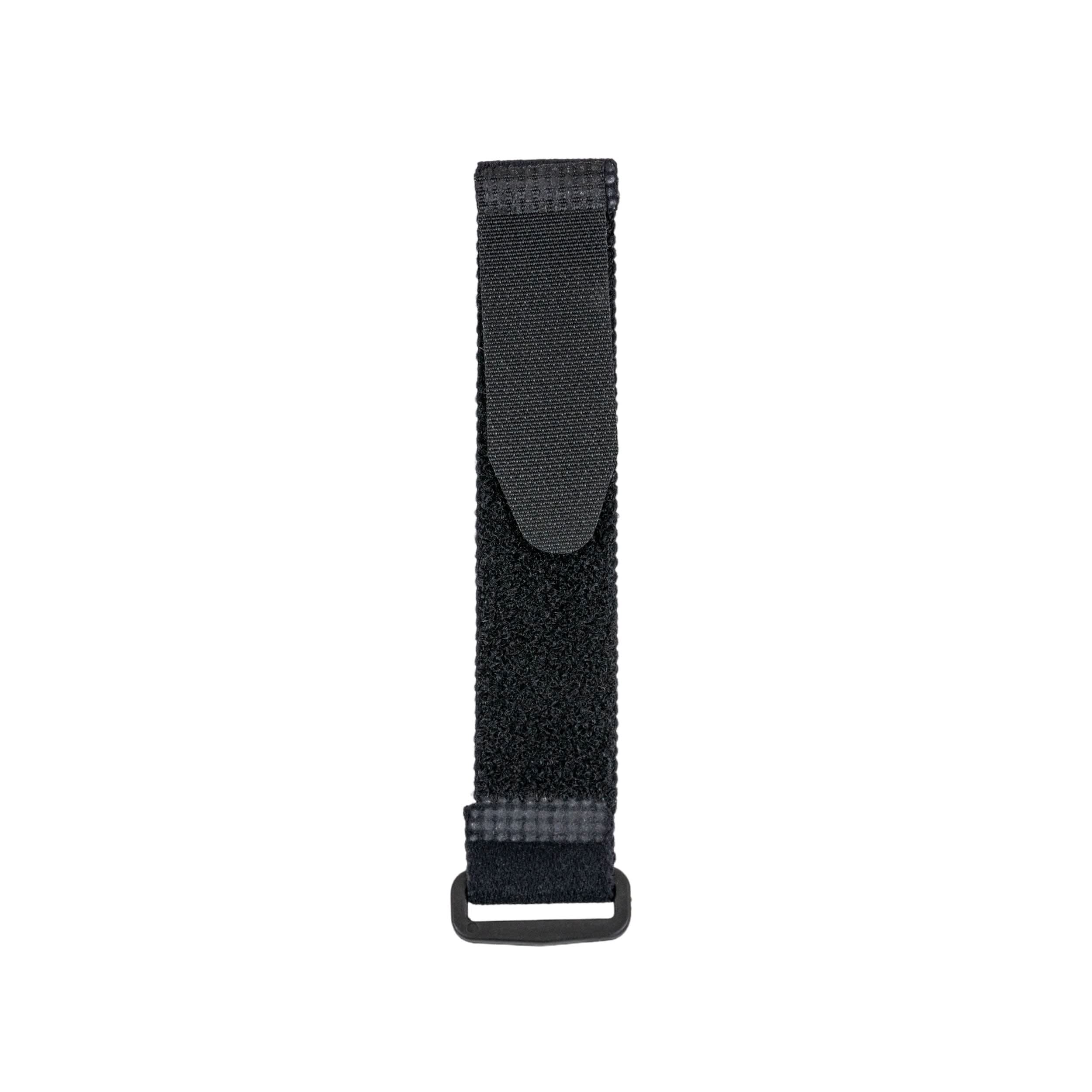 Elastic Hook & Loop Cable Tie with Buckle, featuring a black strap with a metal buckle, ideal for securing items on mobility scooters or power chairs, providing a neat alternative to bungee cords.