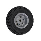 Razor Dirt Quad Front Wheel Assembly (Version 19+), featuring a black tire with a silver rim, complete with hub, bearings, and tread for optimal performance.