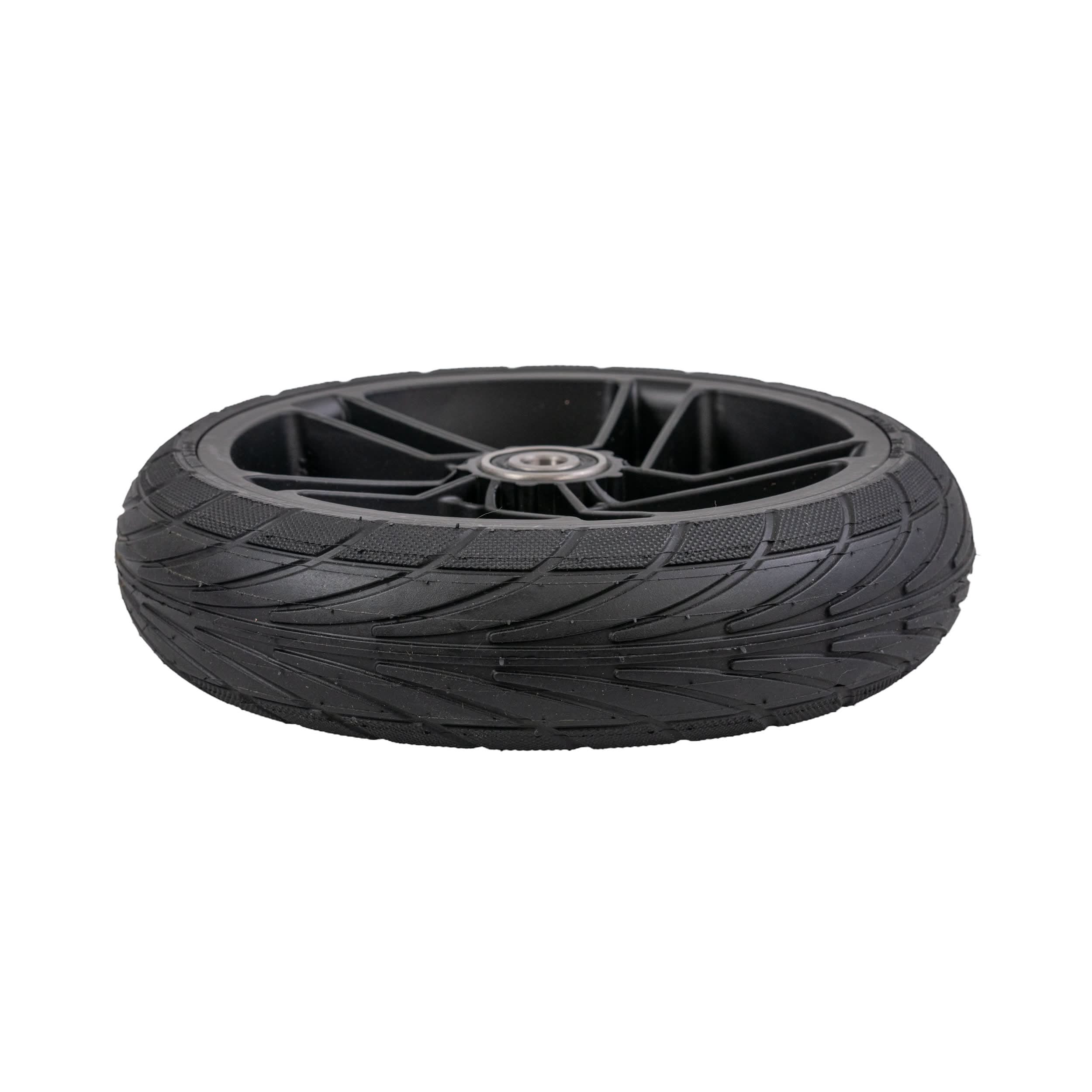 Rear Wheel Assembly for Ninebot ES1L Electric Scooters featuring a solid flat-free 8x2 tire mounted on a black plastic 5-spoke rim with pre-installed 6001RS bearings.