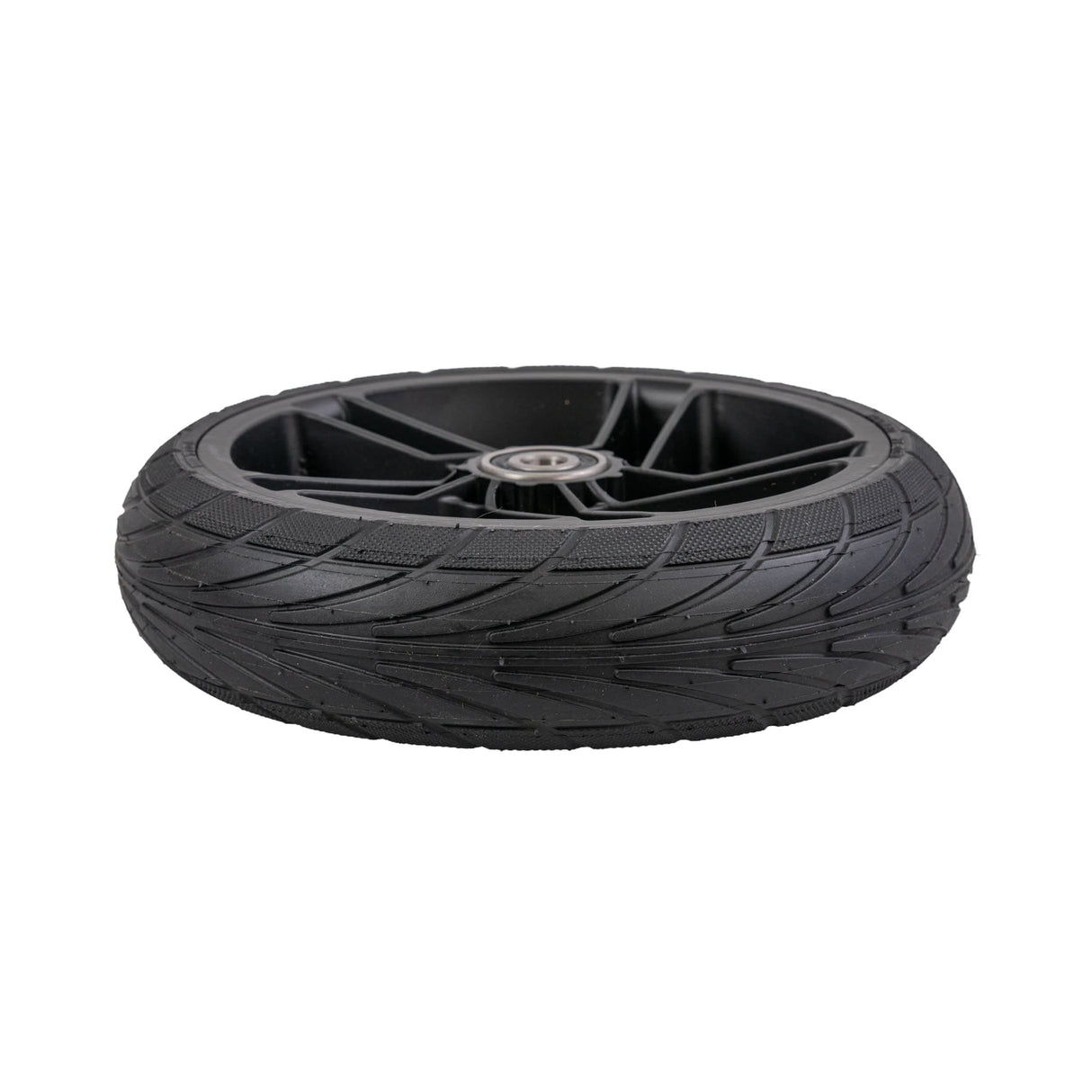 Rear Wheel Assembly for Ninebot ES1L Electric Scooters featuring a solid flat-free 8x2 tire mounted on a black plastic 5-spoke rim with pre-installed 6001RS bearings.