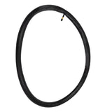 20x1-1/8 Bicycle Inner Tube with Straight Schrader Valve, featuring a black rubber tube with a yellow tip and a close-up of its black and gold tire valve.