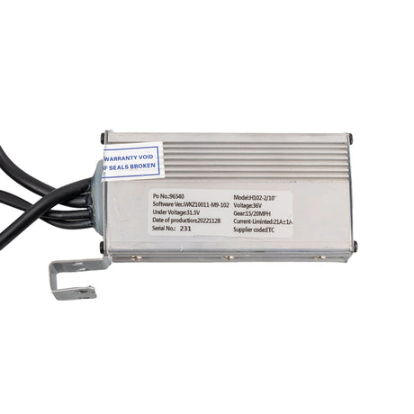 Control Module for the GOTRAX G4 and GMAX Electric Scooter, featuring a silver electronic device with visible black wires, close-up details of connectors, and labels, essential for controlling scooter functions.
