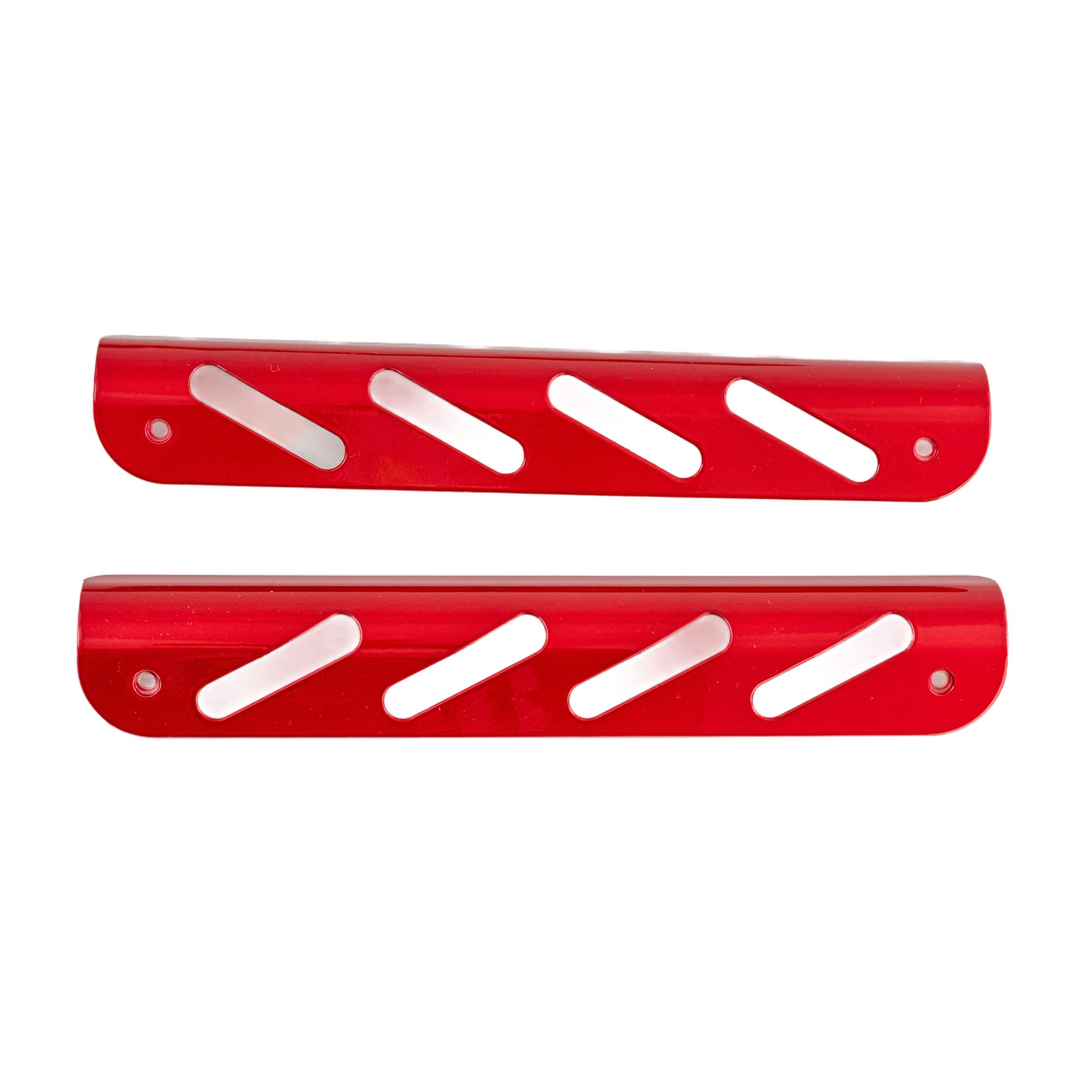 Red Shroud Insert Kit for the 3-Wheel Drive Medical Ventura Mobility Scooter, featuring seven red metal pieces: U-shaped front fork trim, tiller face, side deck panels, and battery box trim sections.