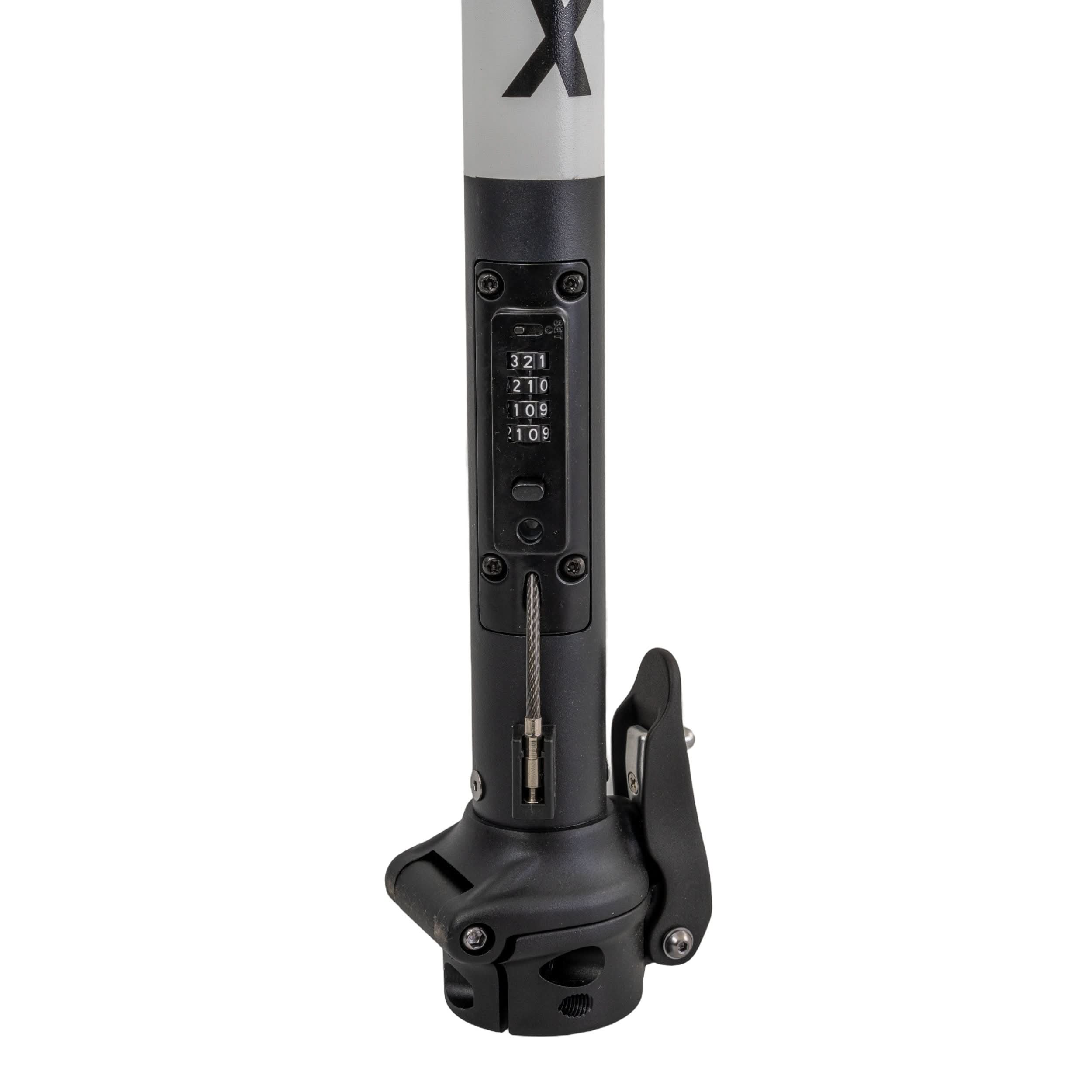 Close-up of the Folding Stem with Number Wire Security Lock for the GOTRAX G4 and GMAX Electric Scooter, featuring a black cylindrical body with a white X and a metal cable.