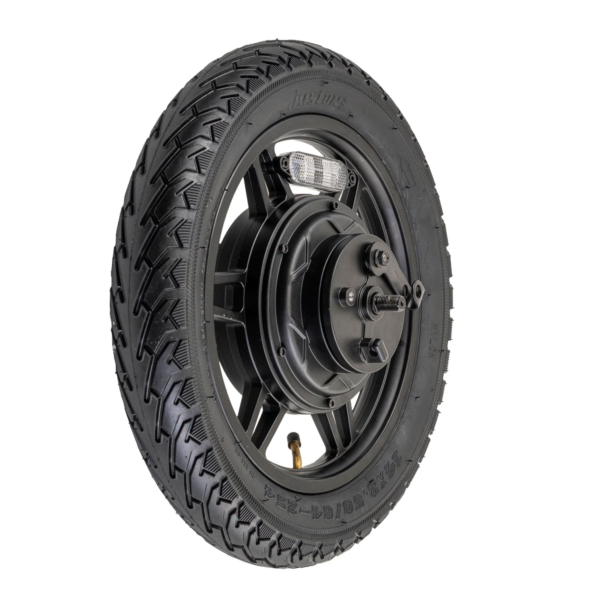 Rear Wheel with Hub Motor & Brake Assembly for the GOTRAX Flex Electric Scooter, featuring a 14x2.50 pneumatic tire, 12-spoke rim, hub motor, brake assembly, axle, reflector, and hardware.