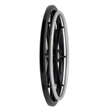 22x1-1/4 Complete Push Wheel Assembly with Quick Release Axle for the Pride Stylus LS, featuring a smooth treaded solid polyurethane tire, metal rim, and hand rim, shown up close on a white background.