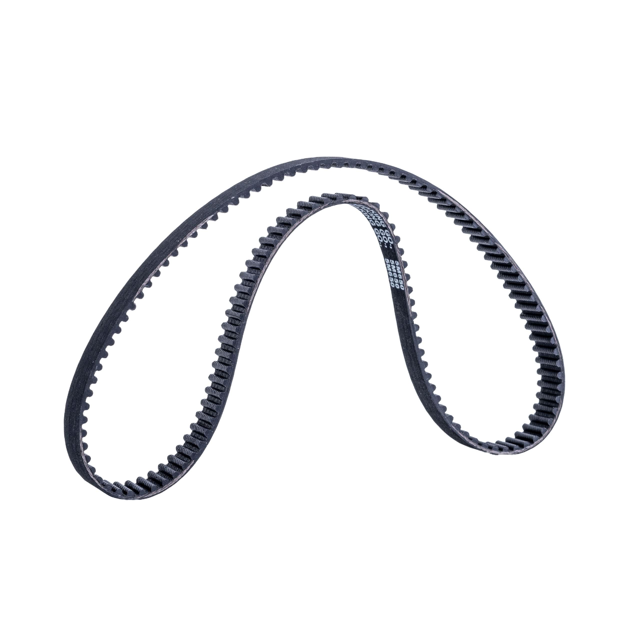 650-5M/15 Drive Belt: Close-up of a black belt with fine teeth, designed for electric scooters, measuring 650 mm in circumference and 15 mm wide with 130 teeth spaced 5 mm apart.