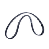 650-5M/15 Drive Belt: Close-up of a black belt with fine teeth, designed for electric scooters, measuring 650 mm in circumference and 15 mm wide with 130 teeth spaced 5 mm apart.