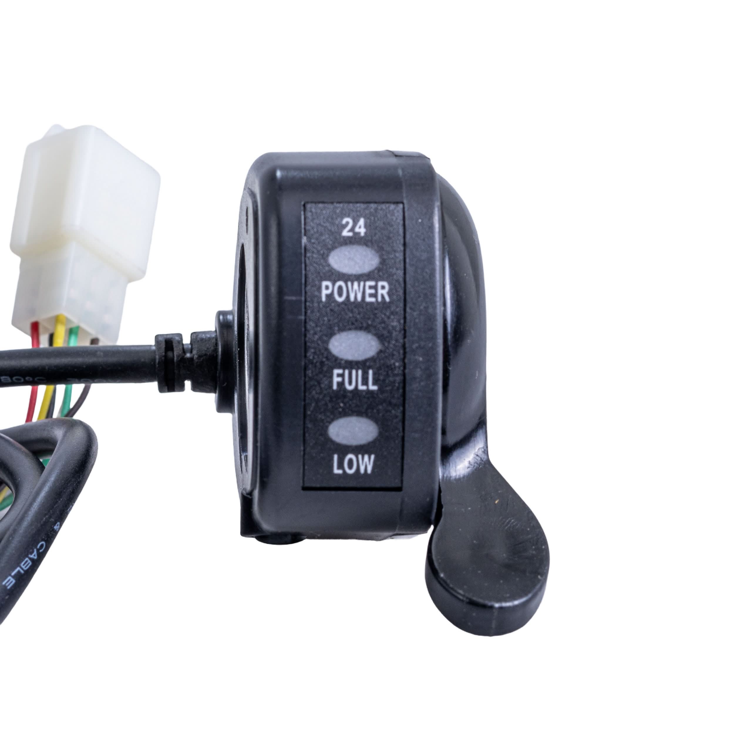 Close-up of the Razor Variable Speed 6-Wire Thumb Throttle for the Razor Dune Buggy, Ground Force, and Ground Force Drifter, showing the power button, connector, and cable.