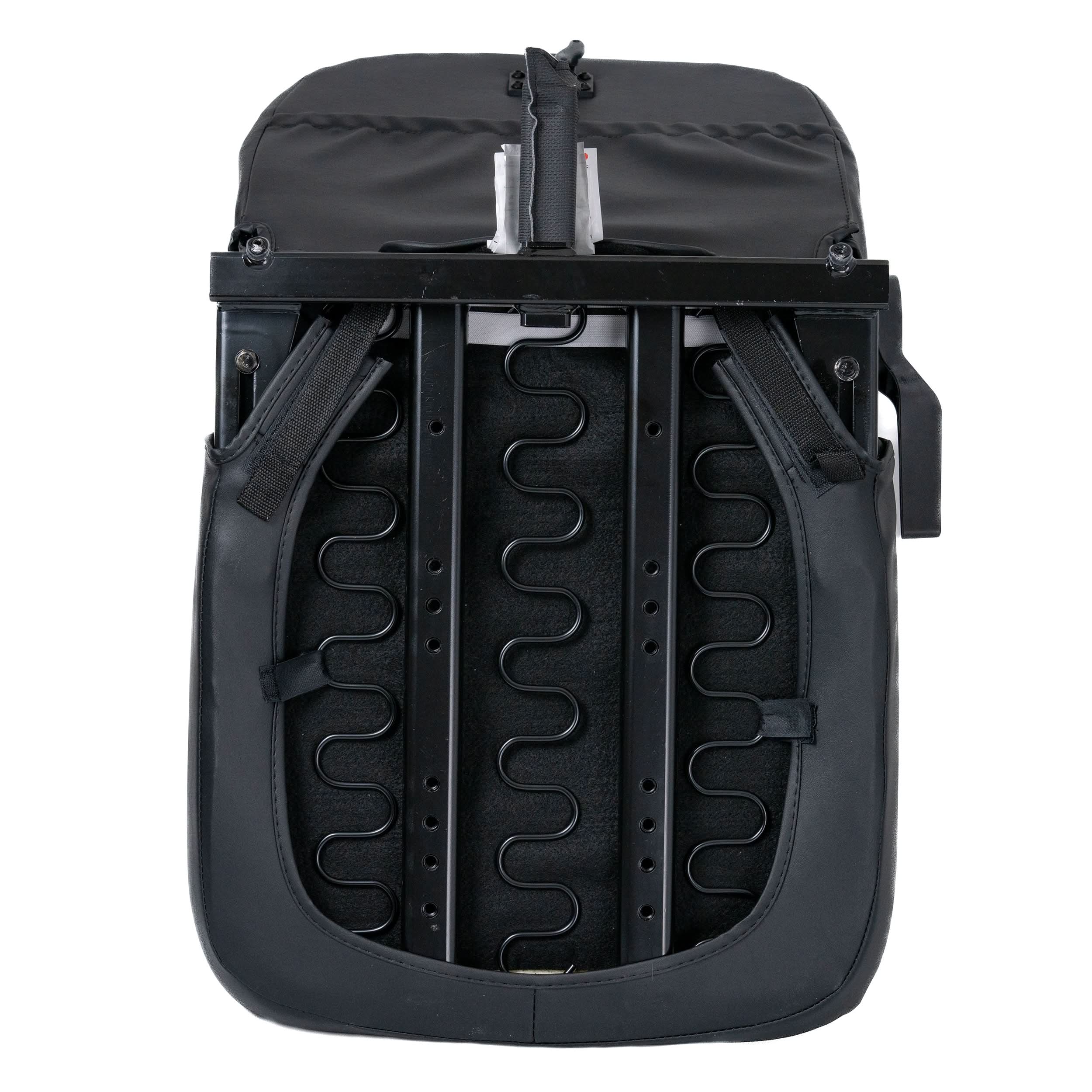 18x18- 20 Hi-Back Black Vinyl Limited Recline Seat with metal frame, black fabric, and black straps, compatible with Jazzy 600 ES and Select 6 models.