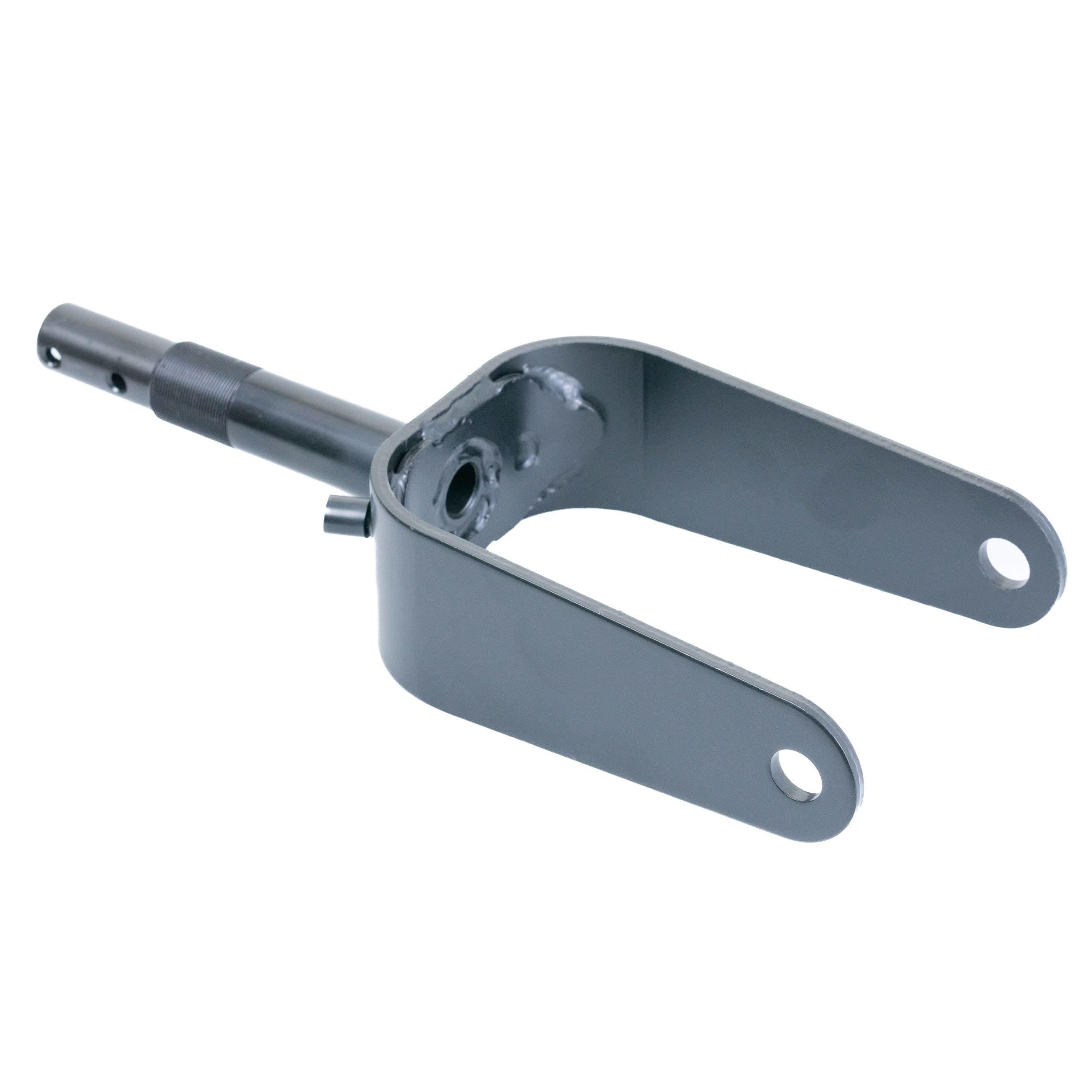 Front Fork for the Pride Mobility 3-Wheel Victory 10 (SC610) Scooter, a black metal fork assembly with holes and a bolt, headset bearings, bearing races, washers, and spacers, essential for safe riding.