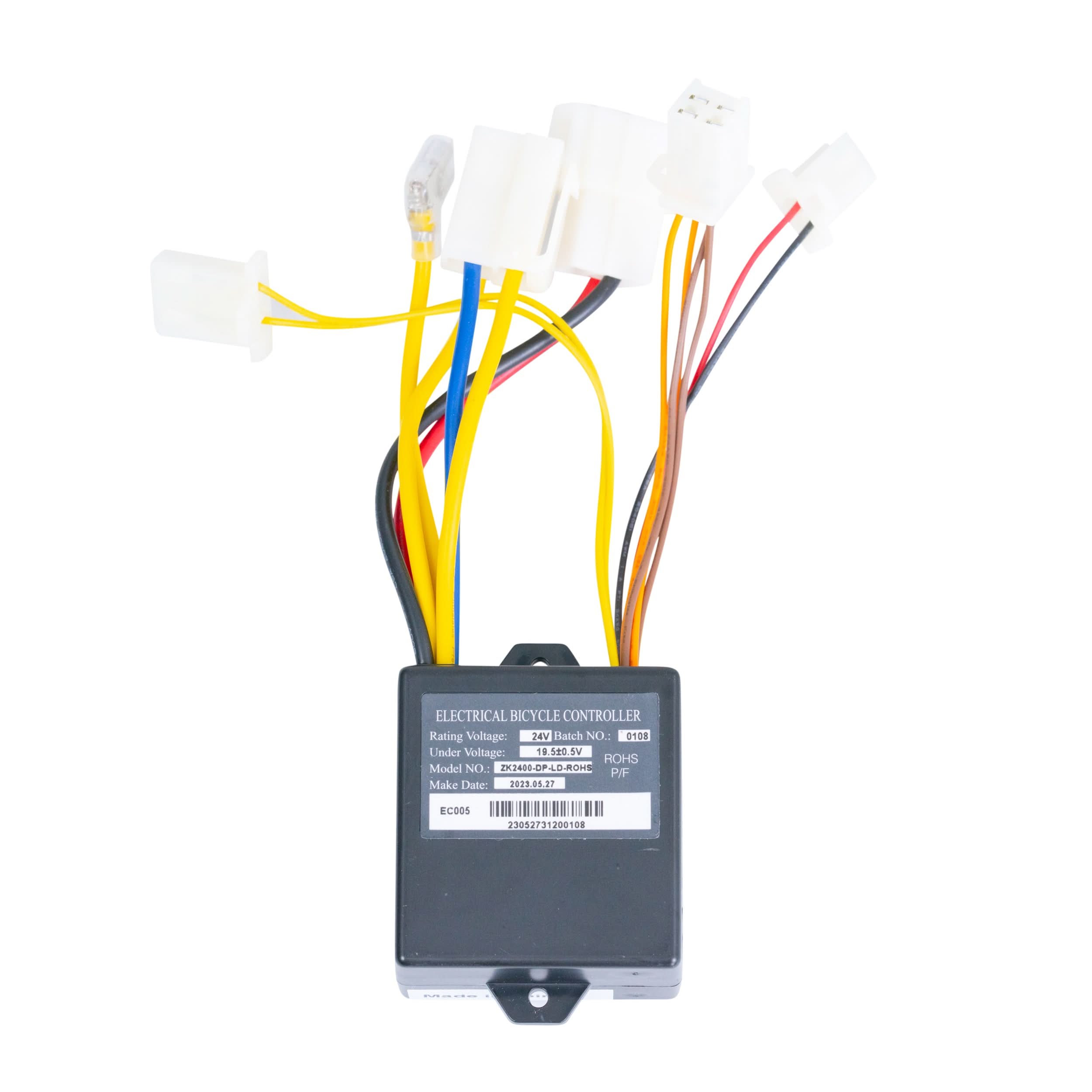 ZK2400-DP-LED Control Module with 4-Wire Throttle Connector for the Razor E100 Glow, featuring a black box with colorful wires and a label, crucial for scooter functionality and easy replacement.